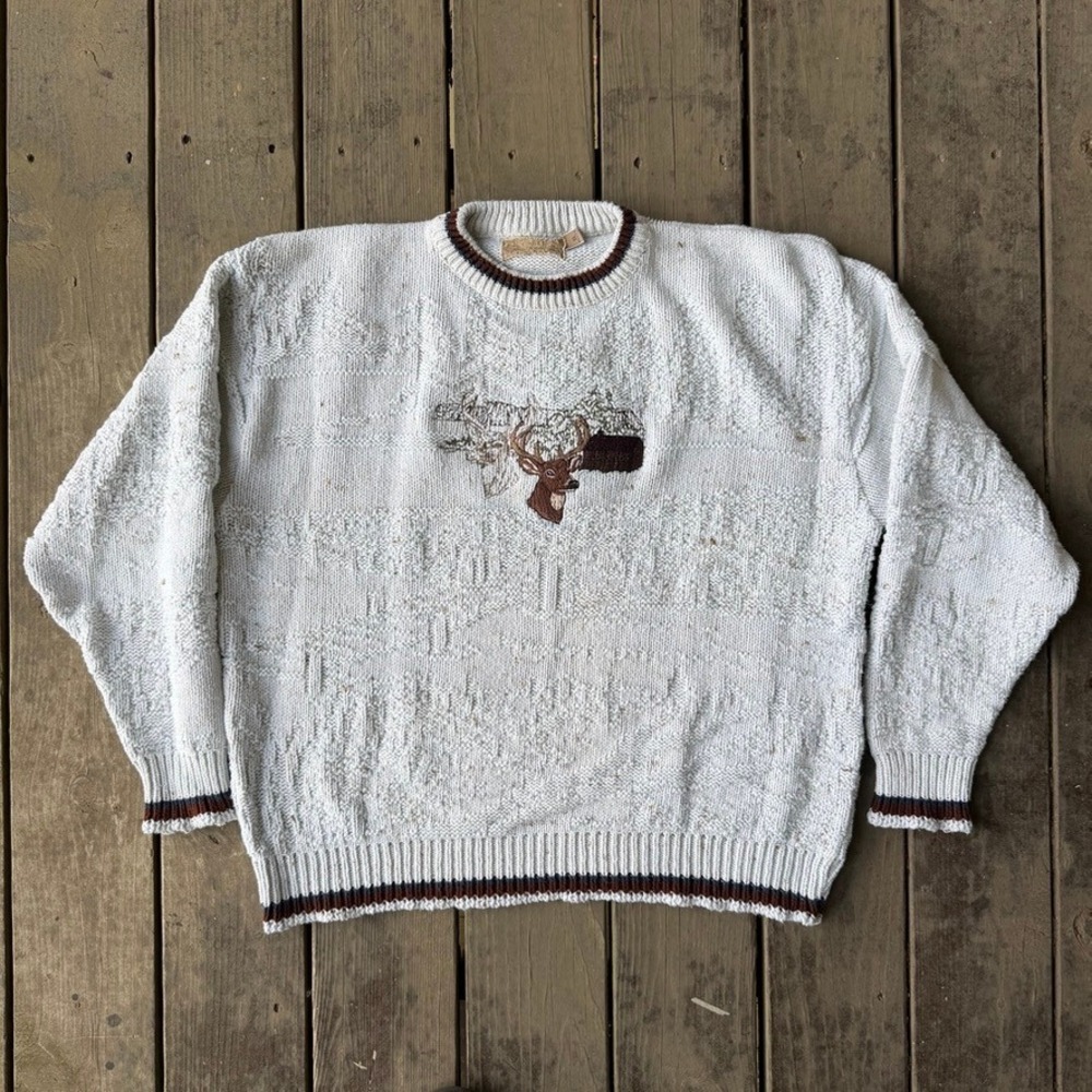 Vintage Wildlife Deer Embroidered Knit Sweater Mens XL Cream Gorpcore Cabin Buck